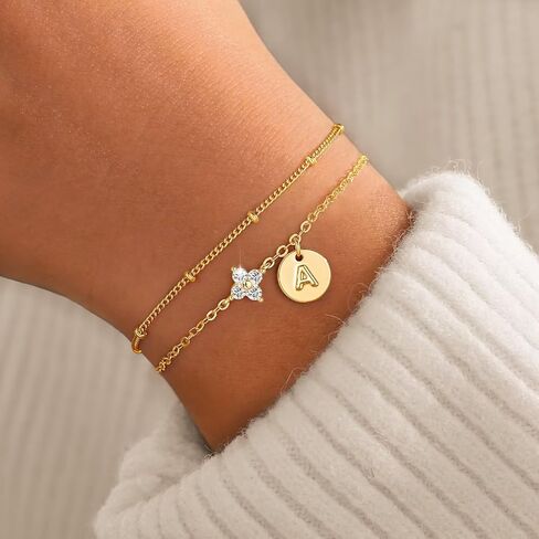 M MOOHAM Gold Initial Bracelets for Women Teen Girls - Dainty 14K Gold Plated Cubic Zirconia Clover Initial Bracelet Layered Letter Bracelet for Women Girls Jewelry Personalized Birthday Gifts in Saudi Arabia