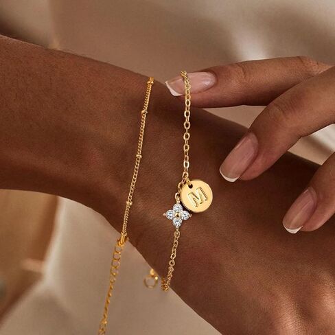 M MOOHAM Gold Initial Bracelets for Women Teen Girls - Dainty 14K Gold Plated Cubic Zirconia Clover Initial Bracelet Layered Letter Bracelet for Women Girls Jewelry Personalized Birthday Gifts in Saudi Arabia