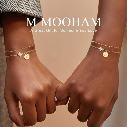 M MOOHAM Gold Initial Bracelets for Women Teen Girls - Dainty 14K Gold Plated Cubic Zirconia Clover Initial Bracelet Layered Letter Bracelet for Women Girls Jewelry Personalized Birthday Gifts in Saudi Arabia