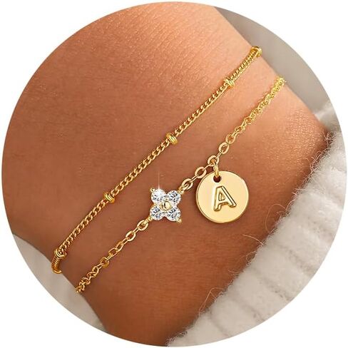 M MOOHAM Gold Initial Bracelets for Women Teen Girls - Dainty 14K Gold Plated Cubic Zirconia Clover Initial Bracelet Layered Letter Bracelet for Women Girls Jewelry Personalized Birthday Gifts in Saudi Arabia