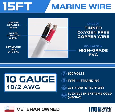 Iron Forge Cable Sarine - سلك نحاسي معلق - سلك لأسلاك القوارب ، و AWG Duplex Marine Grade Outdoor Wiring for Boat ، و Dock ، و RV ، و Solar ، و Automotive in Saudi Arabia