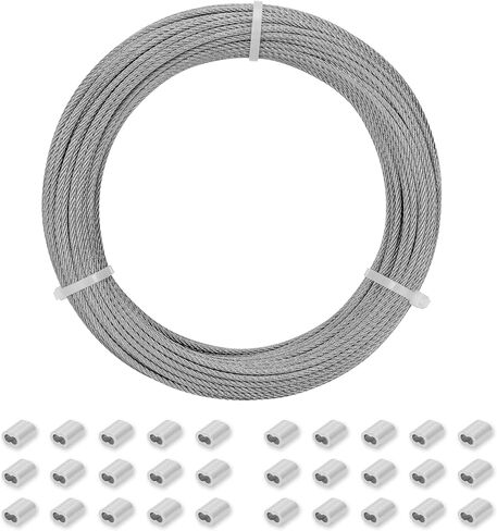 3/32 in Stainless Steel Cable Wire Rope 100ft, 7x7 Strand Stainless Steel Aircraft Cable, for Deck Railing, String Light Hanging, Marine Rigging, Garden Wire with 30 M2.5 Crimping Loops in Saudi Arabia