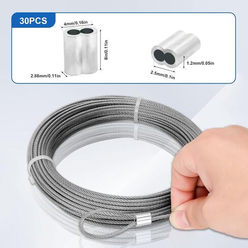 3/32 in Stainless Steel Cable Wire Rope 100ft, 7x7 Strand Stainless Steel Aircraft Cable, for Deck Railing, String Light Hanging, Marine Rigging, Garden Wire with 30 M2.5 Crimping Loops in Saudi Arabia