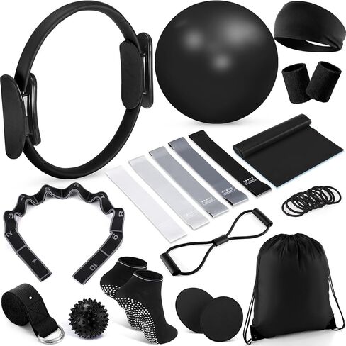 Poen 18 Pcs Home Pilates Ball and Ring Circle Set Yoga Fitness Essentials Kit with 5 Resistance Band Stretching Strap Non Slip Sock Ball Core Slider Wristband Headband Gym Bag for Women in Saudi Arabia