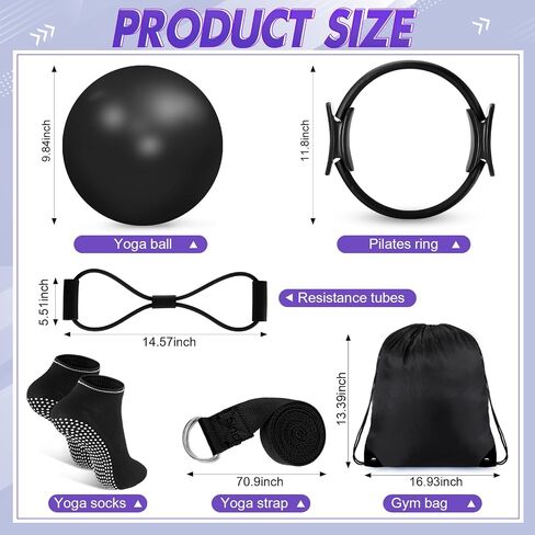 Poen 18 Pcs Home Pilates Ball and Ring Circle Set Yoga Fitness Essentials Kit with 5 Resistance Band Stretching Strap Non Slip Sock Ball Core Slider Wristband Headband Gym Bag for Women in Saudi Arabia