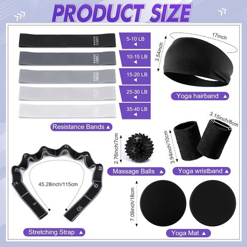 Poen 18 Pcs Home Pilates Ball and Ring Circle Set Yoga Fitness Essentials Kit with 5 Resistance Band Stretching Strap Non Slip Sock Ball Core Slider Wristband Headband Gym Bag for Women in Saudi Arabia
