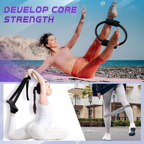 Poen 18 Pcs Home Pilates Ball and Ring Circle Set Yoga Fitness Essentials Kit with 5 Resistance Band Stretching Strap Non Slip Sock Ball Core Slider Wristband Headband Gym Bag for Women in Saudi Arabia