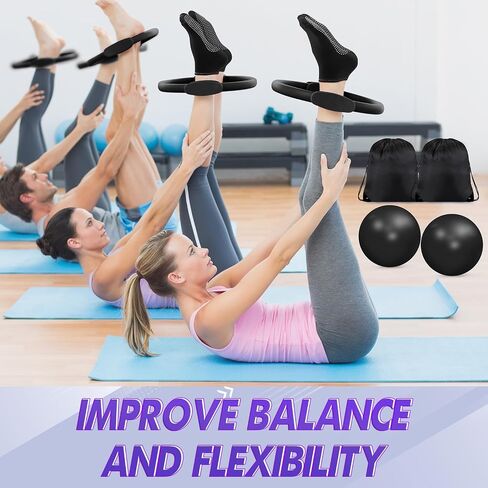 Poen 18 Pcs Home Pilates Ball and Ring Circle Set Yoga Fitness Essentials Kit with 5 Resistance Band Stretching Strap Non Slip Sock Ball Core Slider Wristband Headband Gym Bag for Women in Saudi Arabia