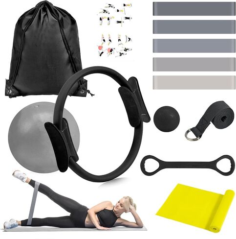 HASHMUST Pilates Ring Kit 12 PCS for Women, Home Workout Equipment with Magic Circle, Mini Exercise Ball, Resistance Bands, Massage Lacrosse, Yoga Strap, Full-Body Fitness Set for Toning & Gift in Saudi Arabia