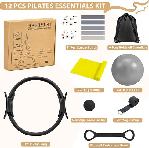 HASHMUST Pilates Ring Kit 12 PCS for Women, Home Workout Equipment with Magic Circle, Mini Exercise Ball, Resistance Bands, Massage Lacrosse, Yoga Strap, Full-Body Fitness Set for Toning & Gift in Saudi Arabia