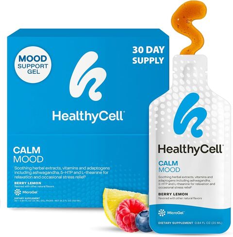 Healthycell Calm Mood Daily Liquid Supplement - Cortisol Manager & Mood Support Supplement for Stress with Ashwagandha, L-Theanine, Magnesium, 5-HTP, GABA & Saffron - 14 Gel Packs in Saudi Arabia