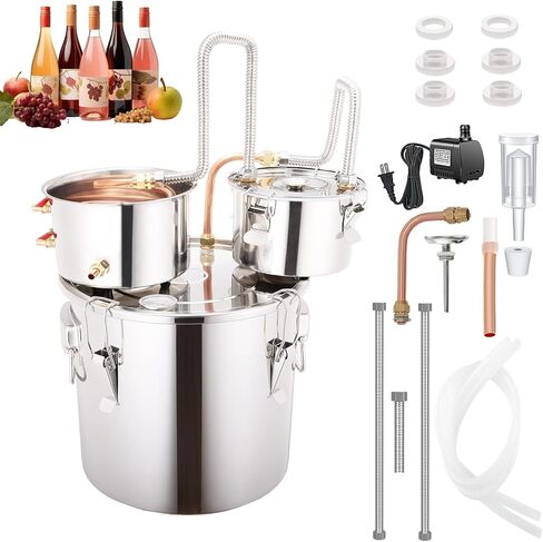 Shine Still 5 Gal 3 Pots Distillery Kit للكحول أنبوب النحاس من الفولاذ المقاوم للصدأ مكتملًا بمضخة المياه المعدنية المضادة للمياه المعدنية تخمير الخطوط الجوية للتقطير للويسكي والبراندي وما إلى ذلك. in Saudi Arabia