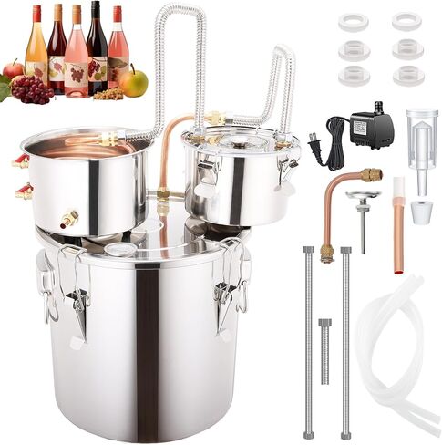 Shine Still 5 Gal 3 Pots Distillery Kit للكحول أنبوب النحاس من الفولاذ المقاوم للصدأ مكتملًا بمضخة المياه المعدنية المضادة للمياه المعدنية تخمير الخطوط الجوية للتقطير للويسكي والبراندي وما إلى ذلك. in Kuwait