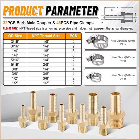 Kootans 32PCS Brass خرطوم Barb Barbrabs Barb to NPT Male Thread Adapter Kit 3/16 "1/4" 5/16 "3/8" in Kuwait