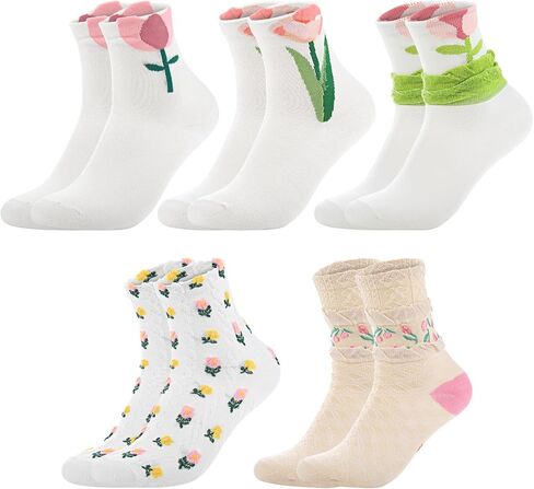 5 Pairs Floral Socks Cotton Sock Crew Socks Novelty Ankle Athletics Sock for Women Teen Girls in Saudi Arabia