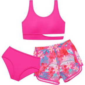 فتيات السباحة 3 قطعة عالية الخصر بدلة السباحة الرياضية السريعة تجف بيكيني مجموعات Tankini مع السراويل القصيرة ل 7-16 in Kuwait
