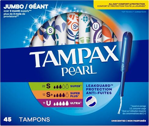 Tampax Pearl Tampons Multipack, with LeakGuard Braid, Super/Super Plus/Ultra Absorbency, Unscented, 45 Count in Saudi Arabia