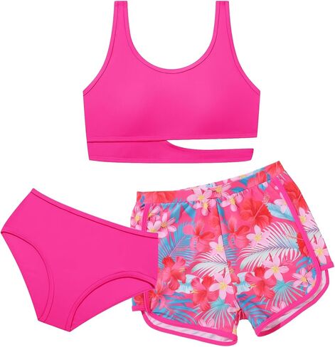 فتيات السباحة 3 قطعة عالية الخصر بدلة السباحة الرياضية السريعة تجف بيكيني مجموعات Tankini مع السراويل القصيرة ل 7-16 in Kuwait