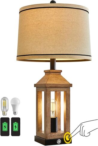23.75 "Retro Farmhouse Black Table Lamp لغرفة المعيشة غرفة نوم منضدة حزمة واحدة تحكم اللمس بجانب السرير فينتيج مصباح حديث مع موانئ USB C+A ومصادر إضاءة 2 in Kuwait