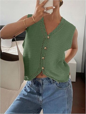 GORGLITTER Women's Crochet Cardigan Vest Top Sleeveless Western Country Concert Outfits Casual Trendy in Saudi Arabia