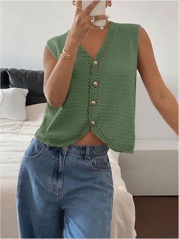 GORGLITTER Women's Crochet Cardigan Vest Top Sleeveless Western Country Concert Outfits Casual Trendy in Saudi Arabia