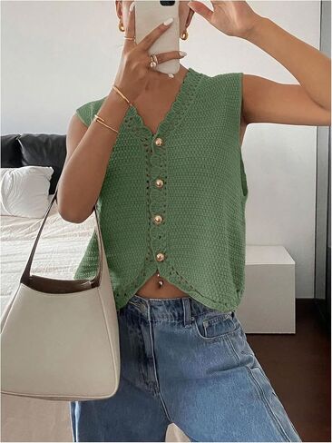 GORGLITTER Women's Crochet Cardigan Vest Top Sleeveless Western Country Concert Outfits Casual Trendy in Saudi Arabia