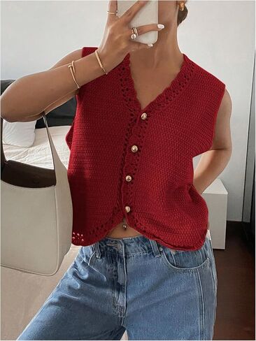 GORGLITTER Women's Crochet Cardigan Vest Top Sleeveless Western Country Concert Outfits Casual Trendy in Saudi Arabia