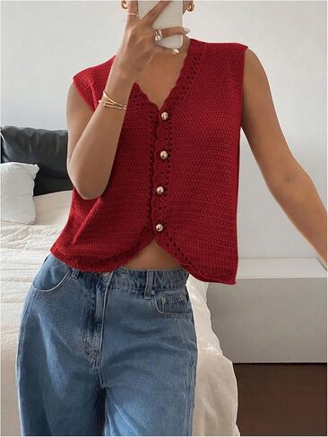 GORGLITTER Women's Crochet Cardigan Vest Top Sleeveless Western Country Concert Outfits Casual Trendy in Saudi Arabia