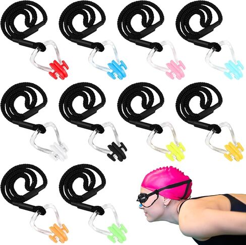 10 Pcs Swimming Nose Clip with String Waterproof Swim Nose Plugs Soft Silicone Gel Protector Accessories for Adults Beginners Training Supplies, 10 Colors in Saudi Arabia