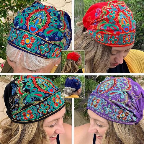 Handmade Embroidered Bandana Caps 2025 New Women Ethnic Style Head Wrap Beanie Cap Stretch Vintage Embroidery Bandanas Hat in Saudi Arabia