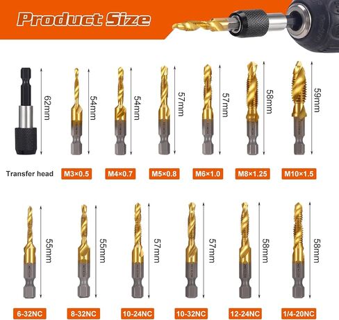 OCR 13PCS Titanium Drill Tap Set, HSS SAE & Metric Drill and Tap Bits with Quick Change Adapter, 3-in-1 Tool for Drilling, Tapping, Countersinking for Metalworking (Black) in Saudi Arabia