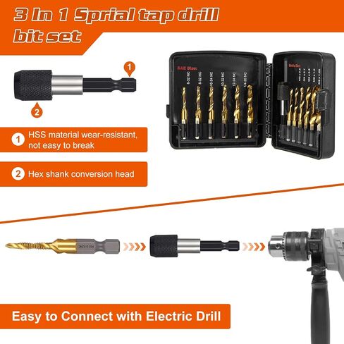 OCR 13PCS Titanium Drill Tap Set, HSS SAE & Metric Drill and Tap Bits with Quick Change Adapter, 3-in-1 Tool for Drilling, Tapping, Countersinking for Metalworking (Black) in Saudi Arabia