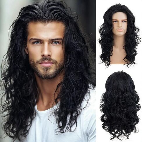 Mens Long Curly Wavy Brown Wig Synthetic Rocker Punk Halloween Cosplay Hair Wig in Saudi Arabia