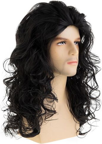 Mens Long Curly Wavy Brown Wig Synthetic Rocker Punk Halloween Cosplay Hair Wig in Saudi Arabia