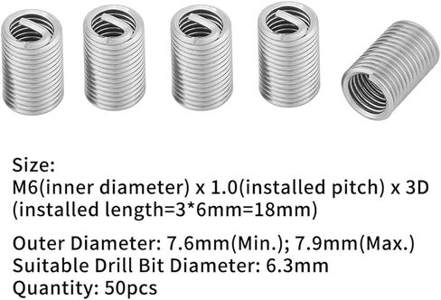 50pcs سلك إدراج M6 × 1.0 × 3D مؤشر ترابط إدراج SS304 سلك ملفوف المسمار الحلزوني in Kuwait