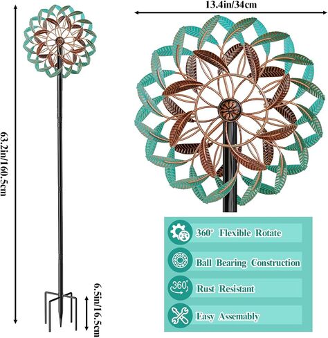 360 درجة مغاطير الرياح في الهواء الطلق ، طاحونة الرياح من الرياح مع حصة معدنية ، حركية كبيرة الساحة الفنية ديكور المغازل pinwheels للحديقة خارج الحديقة الفناء ، 63.2 * 13.2 " in Saudi Arabia