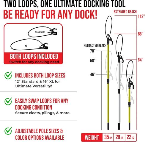 Extendable Boat Hook & Flexible Loop with Quick-Lock System– Fiberglass Pole with Rubber Guard, Available in 3 Adjustable Lengths from 2-8ft – Boat Line & Rope Handler – Ideal for Solo Docking in Saudi Arabia