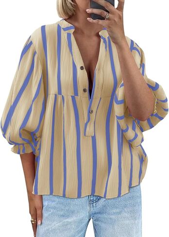 Tankaneo Womens Puff Sleeve Babydoll Tops Summer V Neck Striped Blouse Cute Casual Loose Fit Flowy Shirts in Saudi Arabia