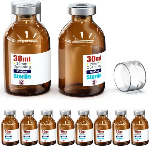 حلول Biomed Solutions قارورة فارغة معقمة مع غطاء بلاستيكي قابل لإعادة الاستخدام ، جاهز لملء الحاويات الزجاجية ، زجاجة حقن سائلة مغلقة بميناء حقن الشفاء الذاتي (30 مل 10pcs) in Kuwait
