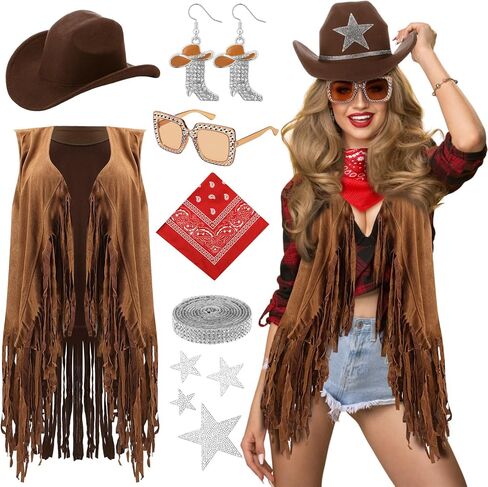 Tiamon Western Costume Accessories for Women Cowgirl Tassels Fringe Vest Cowboy Hat Rhinestone Earrings Glasses Paisley Bandana 70s Hippie Outfits in Saudi Arabia