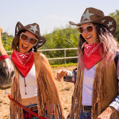 Tiamon Western Costume Accessories for Women Cowgirl Tassels Fringe Vest Cowboy Hat Rhinestone Earrings Glasses Paisley Bandana 70s Hippie Outfits in Saudi Arabia