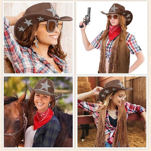 Tiamon Western Costume Accessories for Women Cowgirl Tassels Fringe Vest Cowboy Hat Rhinestone Earrings Glasses Paisley Bandana 70s Hippie Outfits in Saudi Arabia