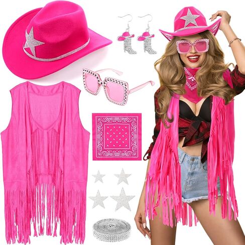 Tiamon Western Costume Accessories for Women Cowgirl Tassels Fringe Vest Cowboy Hat Rhinestone Earrings Glasses Paisley Bandana 70s Hippie Outfits in Saudi Arabia