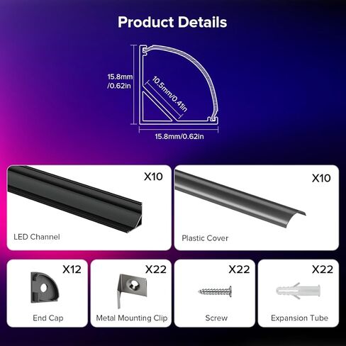 BTF-Lighting 20 pack 1.64ft/0.5m على شكل حرف V ، نظام قناة الألومنيوم LED أسود على شكل V مع عدسة غطاء سوداء ، وموزع ملف تعريف مسار المسار من الألومنيوم لمدة 8/10/12 مم SMD/FCOB LED أضواء الشريط (لا LED) in Kuwait