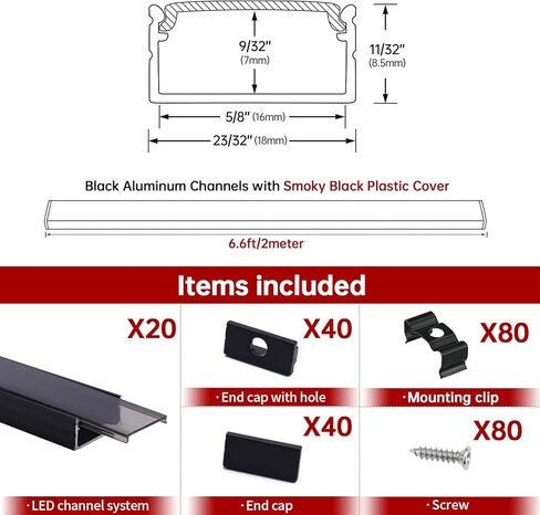Muzata 20pack 6.6ft/2m نظام قناة LED أوسع مع غطاء سوداء مدخن شفاف أسود الأسود قناة LED قناة U102 BB 2M in Kuwait