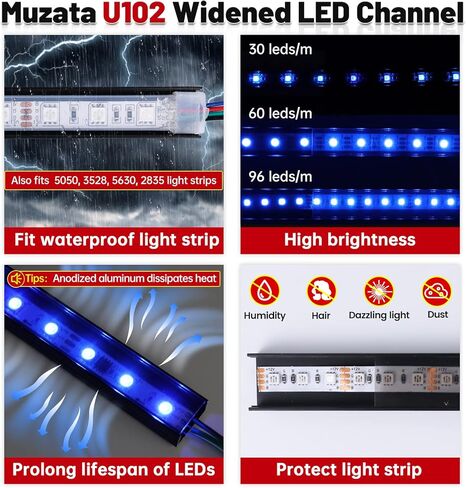 Muzata 20pack 6.6ft/2m نظام قناة LED أوسع مع غطاء سوداء مدخن شفاف أسود الأسود قناة LED قناة U102 BB 2M in Kuwait