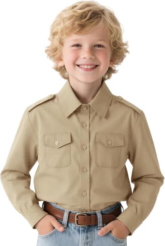 Boys Long Sleeve Button-Down Shirt Kids Casual Western Shirts Tops with Two Pockets in Kuwait