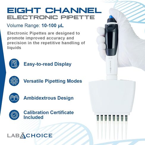 Pabchoice Multi Channel Electronic ماصة-ماصة مختبر متعددة الوظائف من 8 قنوات مع 10-100 ميكرولتر حجم قابل للتعديل ، شاشة رقمية in Saudi Arabia