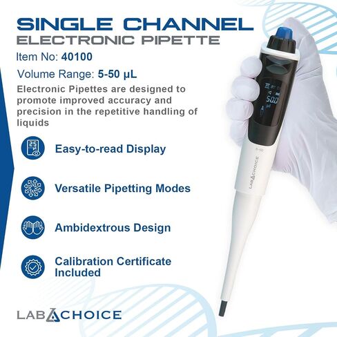 LabChoice Single Channel Electronic Pipette - Multifunctional Laboratory Micropipette with 5-50μl Adjustable Volume, Digital Display in Saudi Arabia