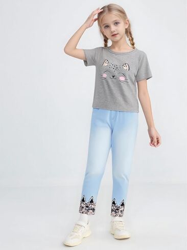 4-8T طفل فتاة الملابس فتاة القطة الوجه طباعة الأكمام قصيرة أعلى+السراويل ملابس الفتاة الربيع والصيف 2 قطعة مجموعة in Kuwait